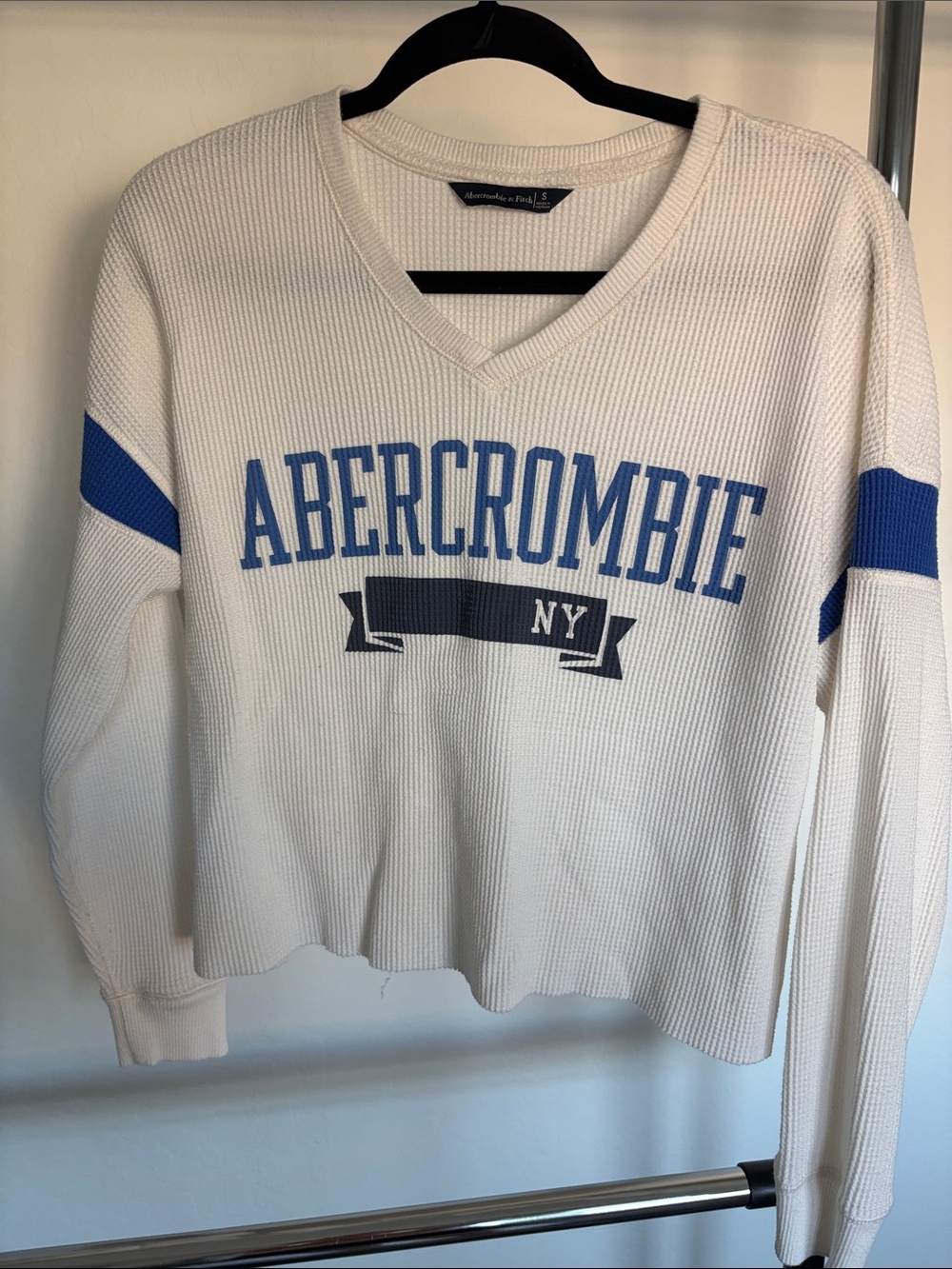 Abercrombie & Fitch Cream Long Sleeve Tee with Blue Logo Accents